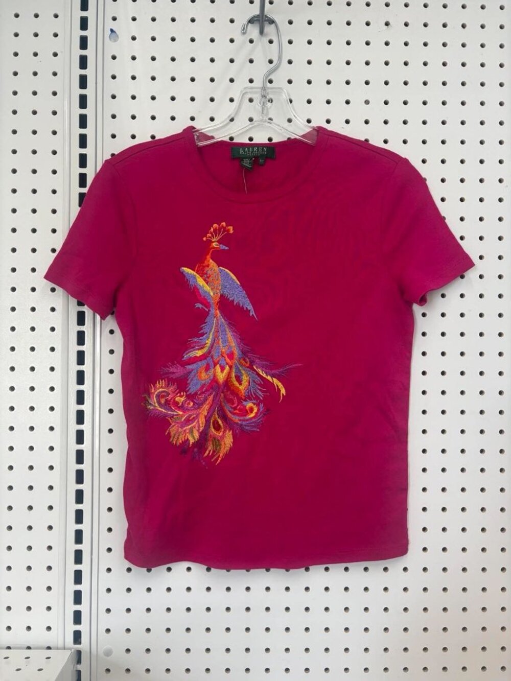 Lauren Ralph Lauren Petite Pink T-Shirt With Peacock Embroidery 100% Cotton